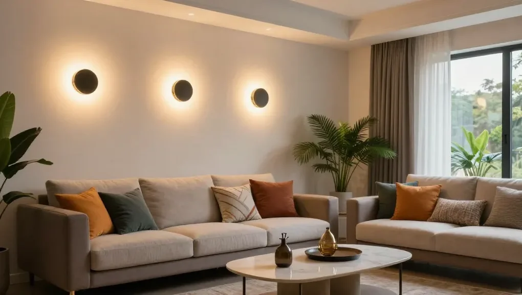 Aplice LED moderne amplasate într-un interior elegant de living, creând o atmosferă călduroasă.
