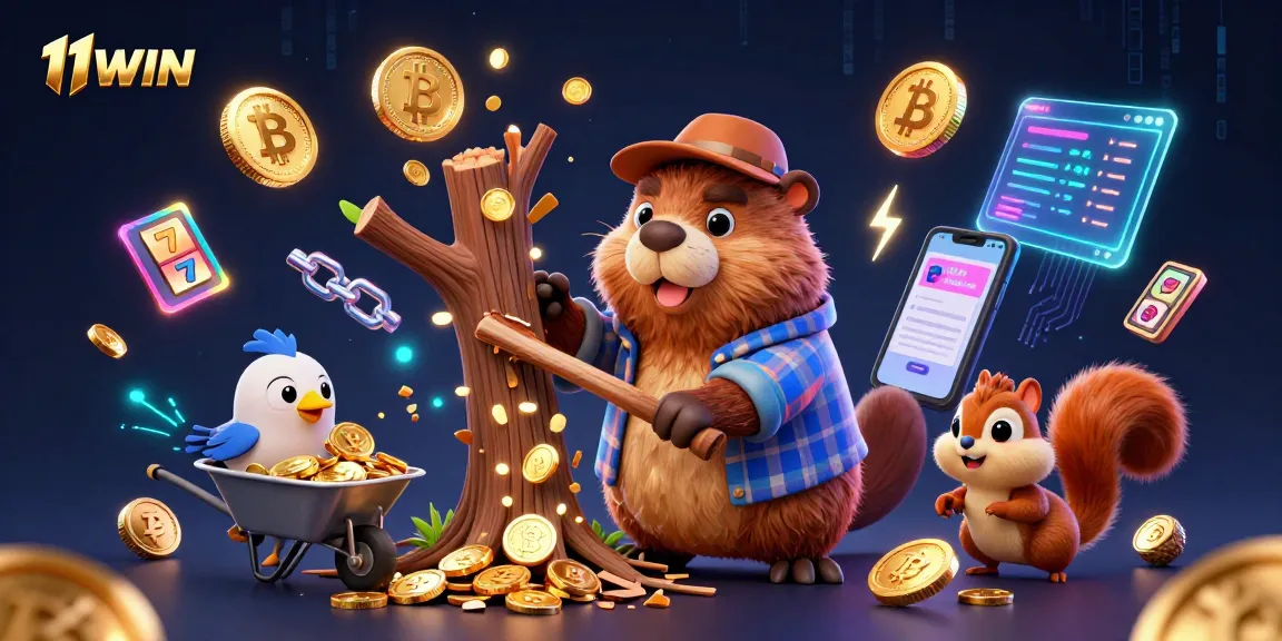 Win big with 11WIN's dynamic casino scene featuring vibrant characters and cryptocurrency