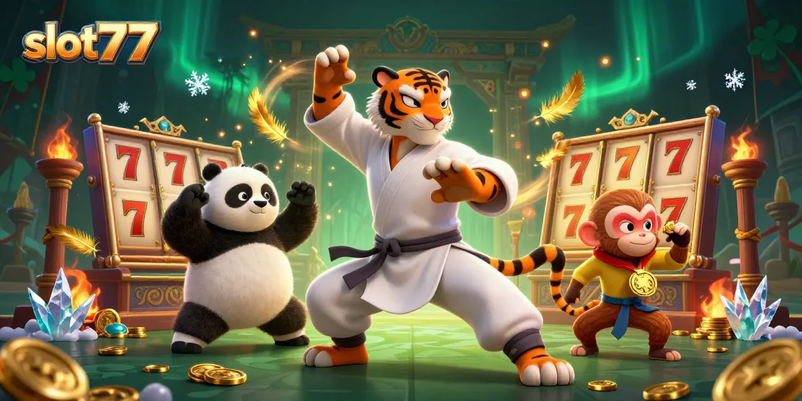 Experience thrilling slot777 action with a kung fu tiger master and friends in a vibrant casino scene.