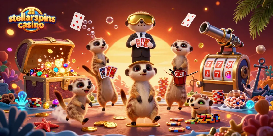 Experience the excitement of stellarspins casino with meerkats running a vibrant casino surrounded by treasures and games.
