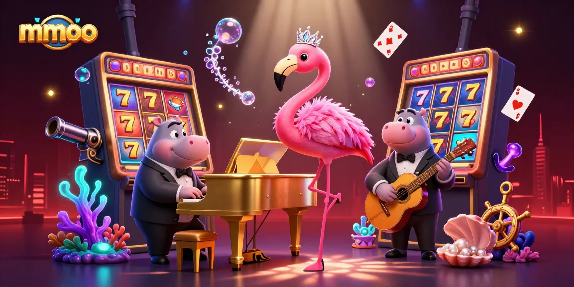 Mmoo casino features a lively gambler scene with flamingo singer and hippo bassist amidst engaging slot reels.
