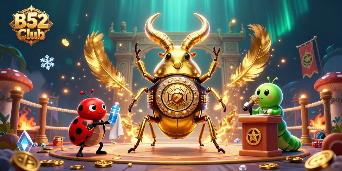 B52 Club offers thrilling gaming experiences with a dynamic illustration featuring a golden stag beetle champion.