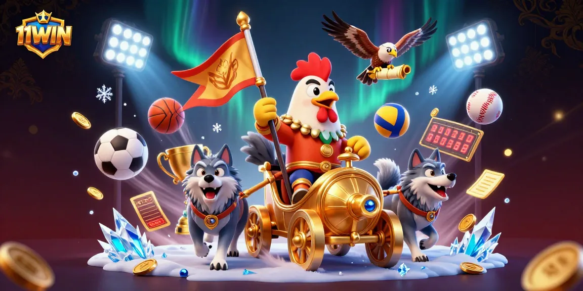 Join the action at 11WIN with a thrilling sports betting scene featuring mascots and game elements.