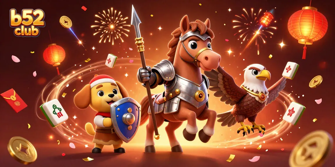 Engage with the vibrant b52 club scene featuring a knight, squire, and falcon amidst festive casino elements.