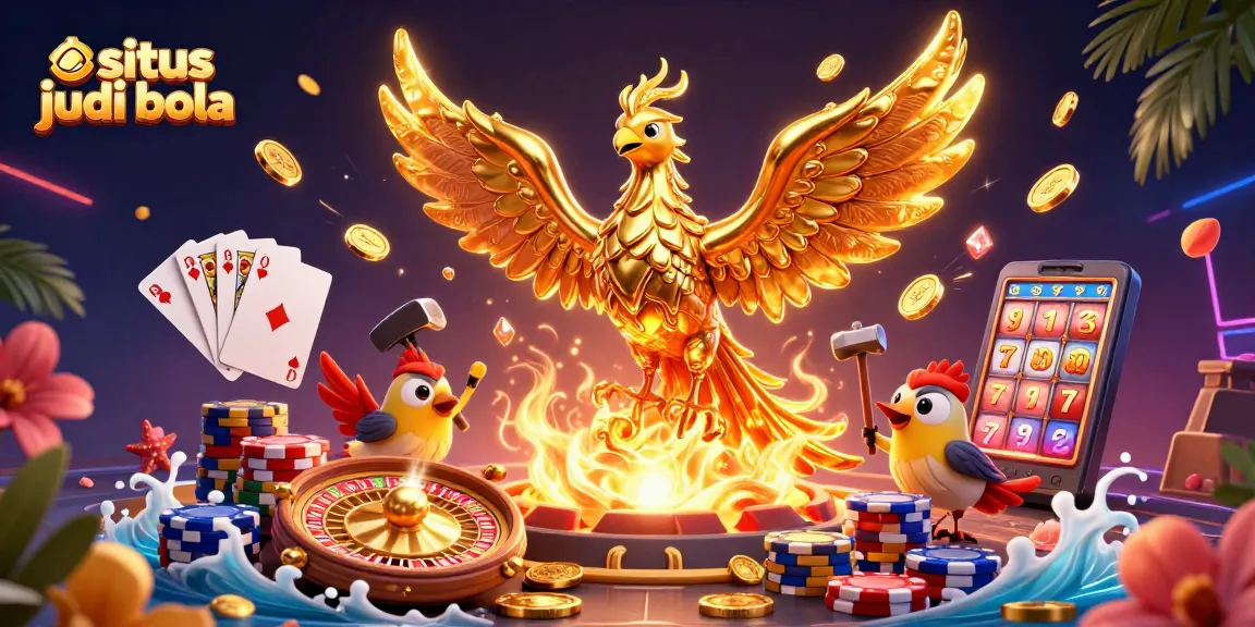 Experience situs judi bola with a golden phoenix and vibrant casino elements in a dynamic scene.