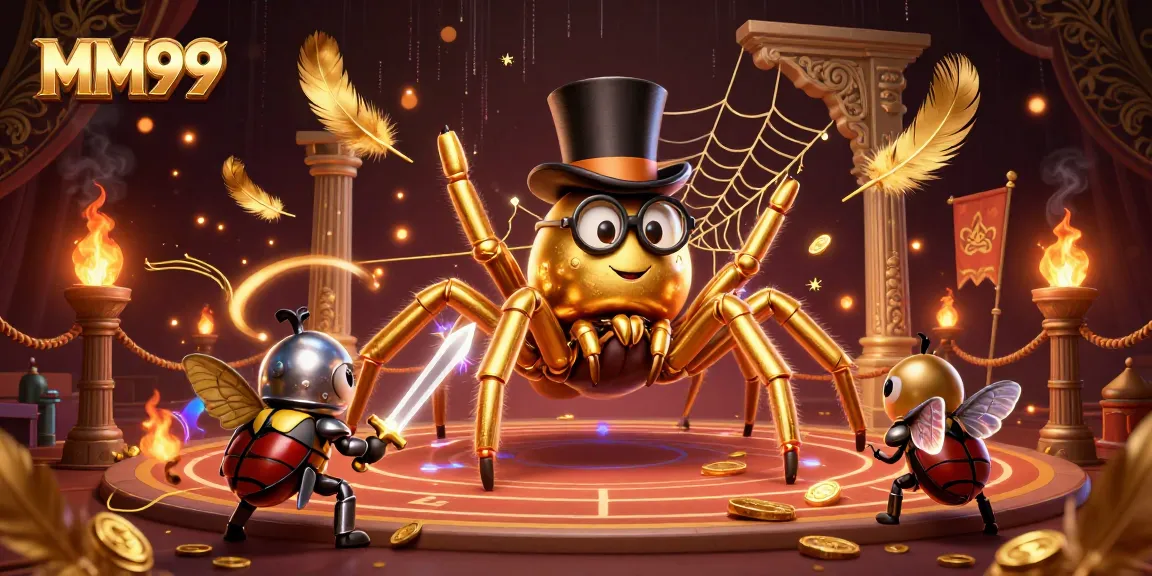 Experience thrilling gameplay at MM99 with a whimsical casino scene featuring a golden spider and knight.
