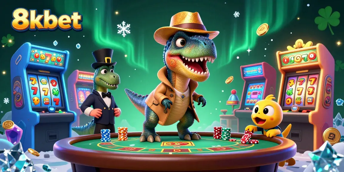 Experience the thrill of 8xbet with a vibrant scene of dinosaurs at a blackjack table amidst exhilarating game elements.