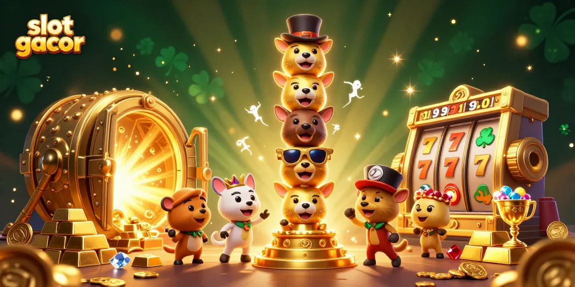 Engage with slot gacor gameplay through a vibrant, dynamic casino scene featuring a golden totem and treasures.
