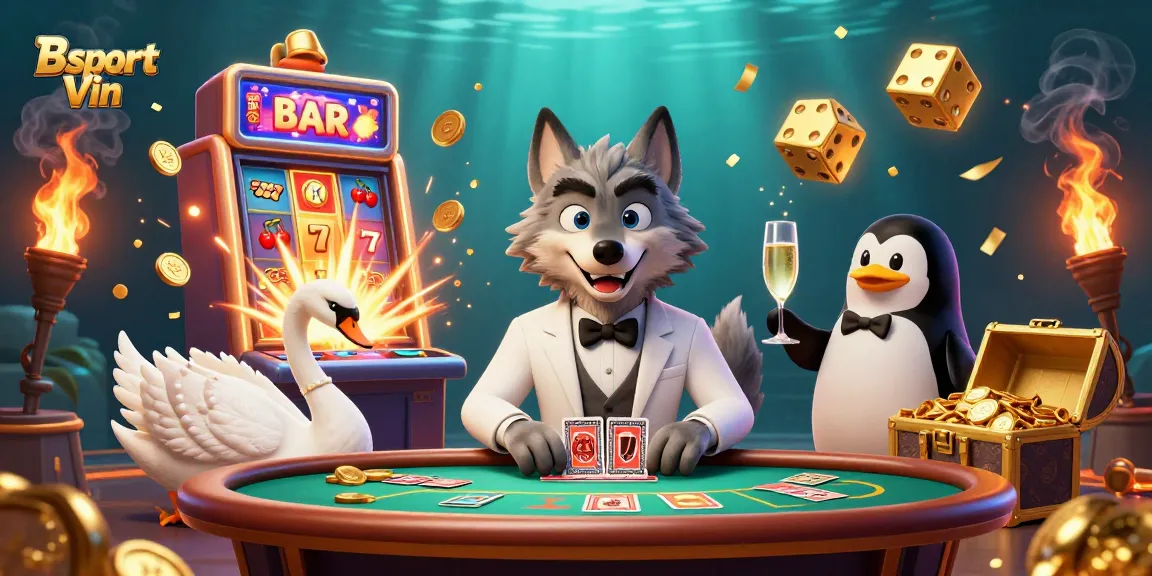 Experience Bsport Vin with a stylish cartoon wolf at baccarat, elegant swan, and penguin sommelier.