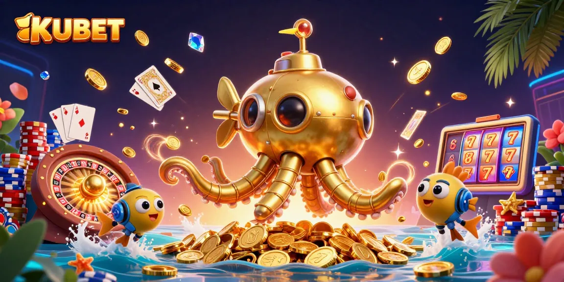 KUBET players engaging in a vibrant casino atmosphere with golden coins and exciting game elements
