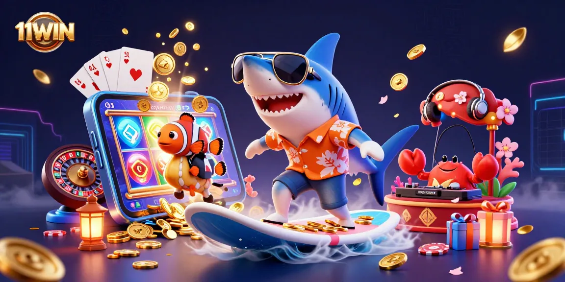 11WIN features a lively casino scene with a shark and clownfish amidst golden coins and gaming elements.