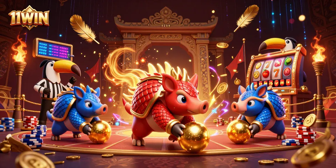 Experience the excitement of 11WIN with rival pangolins bowling through poker chips in a vibrant casino scene.