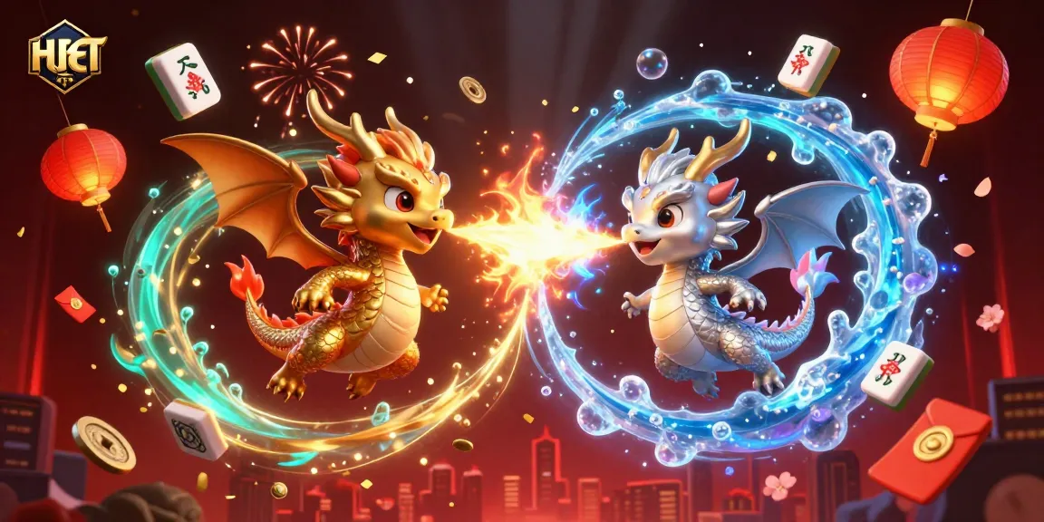 Engage with HUBET's thrilling games in a vibrant 3D casino illustration featuring dragons and festive elements.