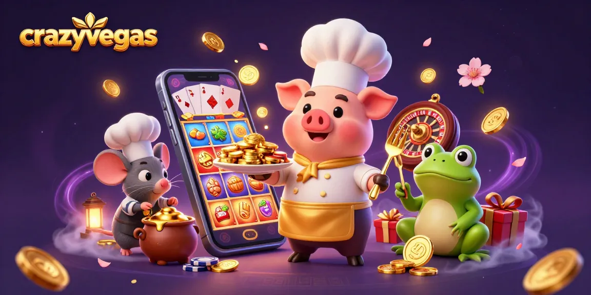 crazyvegas showcases a 3D chef pig serving gold coins in a vibrant casino scene.