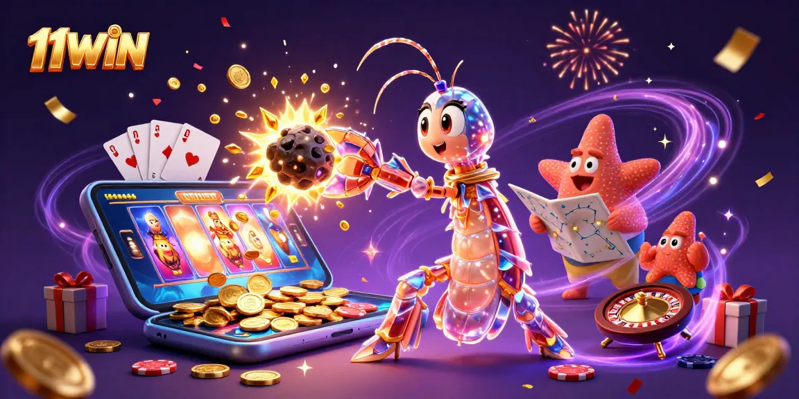 Engage with 11WIN's thrilling jackpot world through animated characters and vibrant casino elements.
