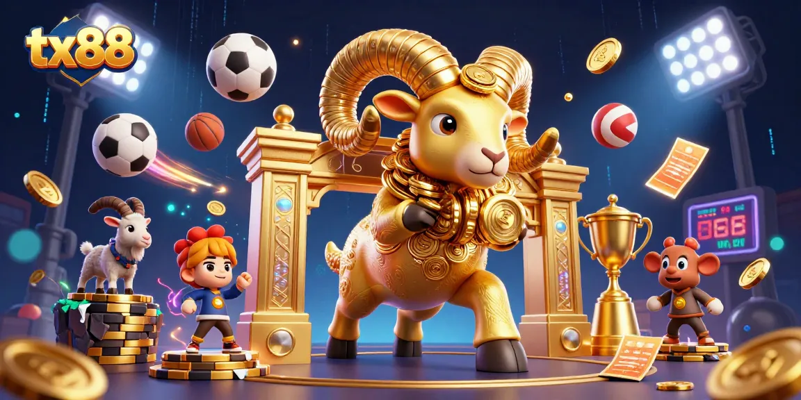 Engage with tx88 sports betting excitement featuring a dynamic golden ram and energetic game elements.