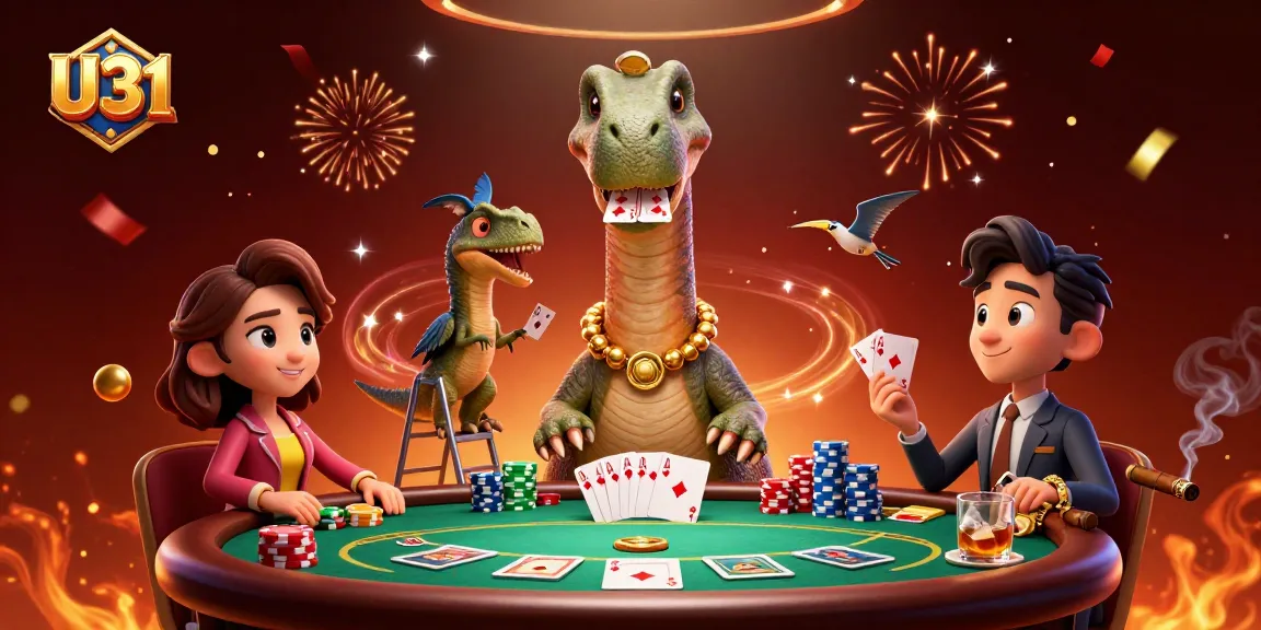 U31 casino's playful 3D scene with vibrant poker action featuring a giant brontosaurus and clever dealer raptor.